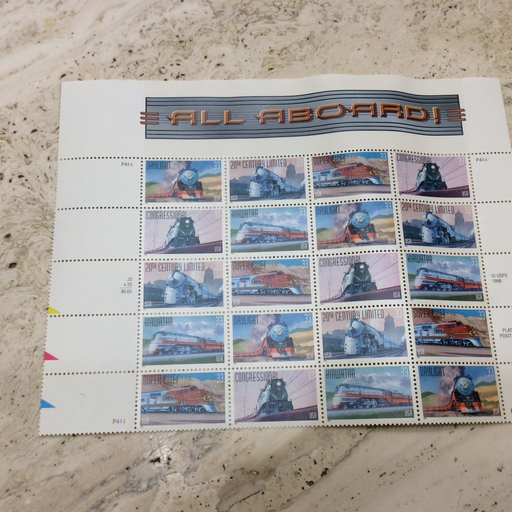 All Aboard Railroad Collectible Stamp Sheet of 20 - 33 Cent Stamps